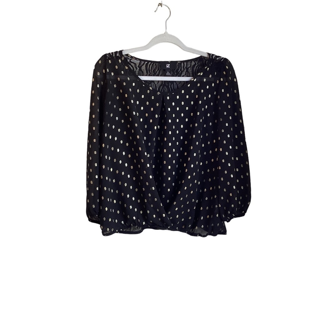 IZ Byer Women’s Blouse Sheer Black W/ Gold Rectangles Lace Back 3/4 Sleeve Sz XL
